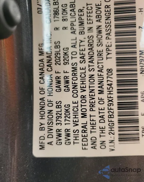 2015 Honda Civic Exl from USA, damaged, VIN 2HGFB2F9XFH547708